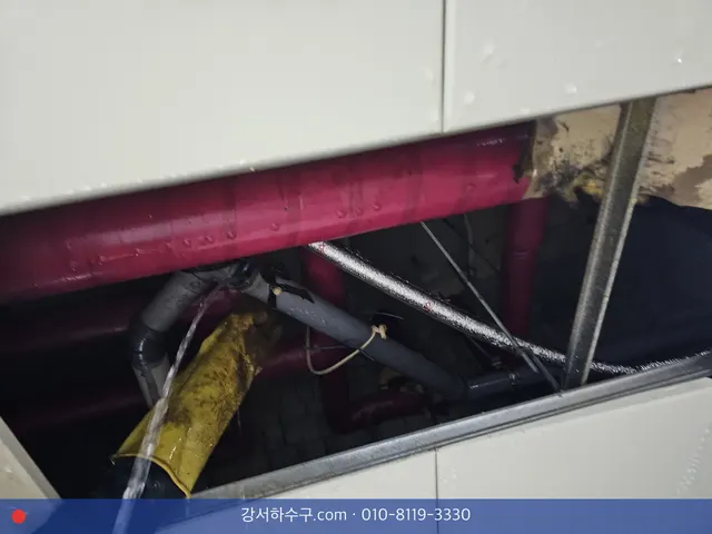 천장 점검구 안의 붉은 보온 배관과 배수관